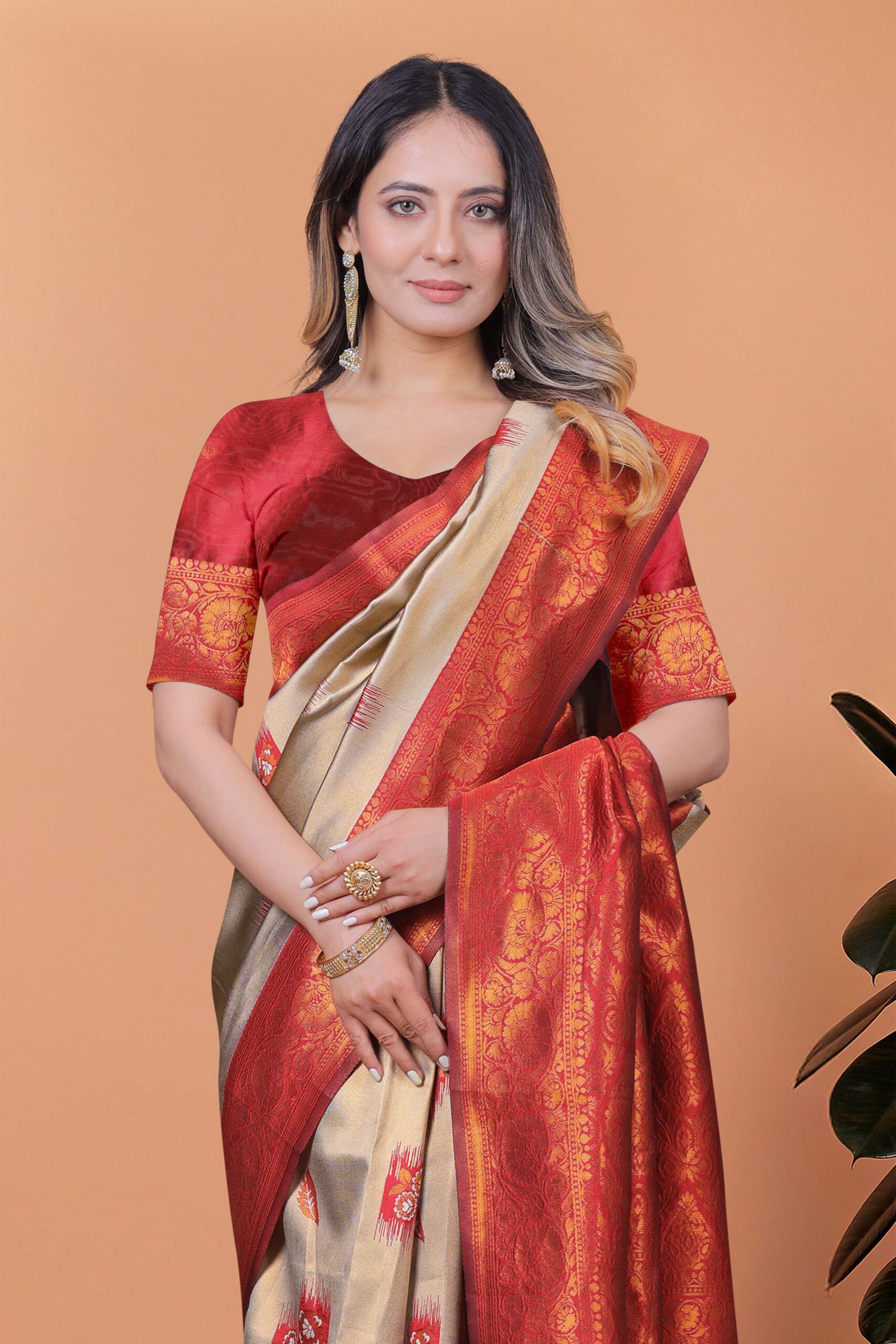 Elegant Beige-Gold Banarasi Silk Saree with Rust-Red Zari Border & Blouse | Wedding, Festival & Party Ethnic Wear - Image 5