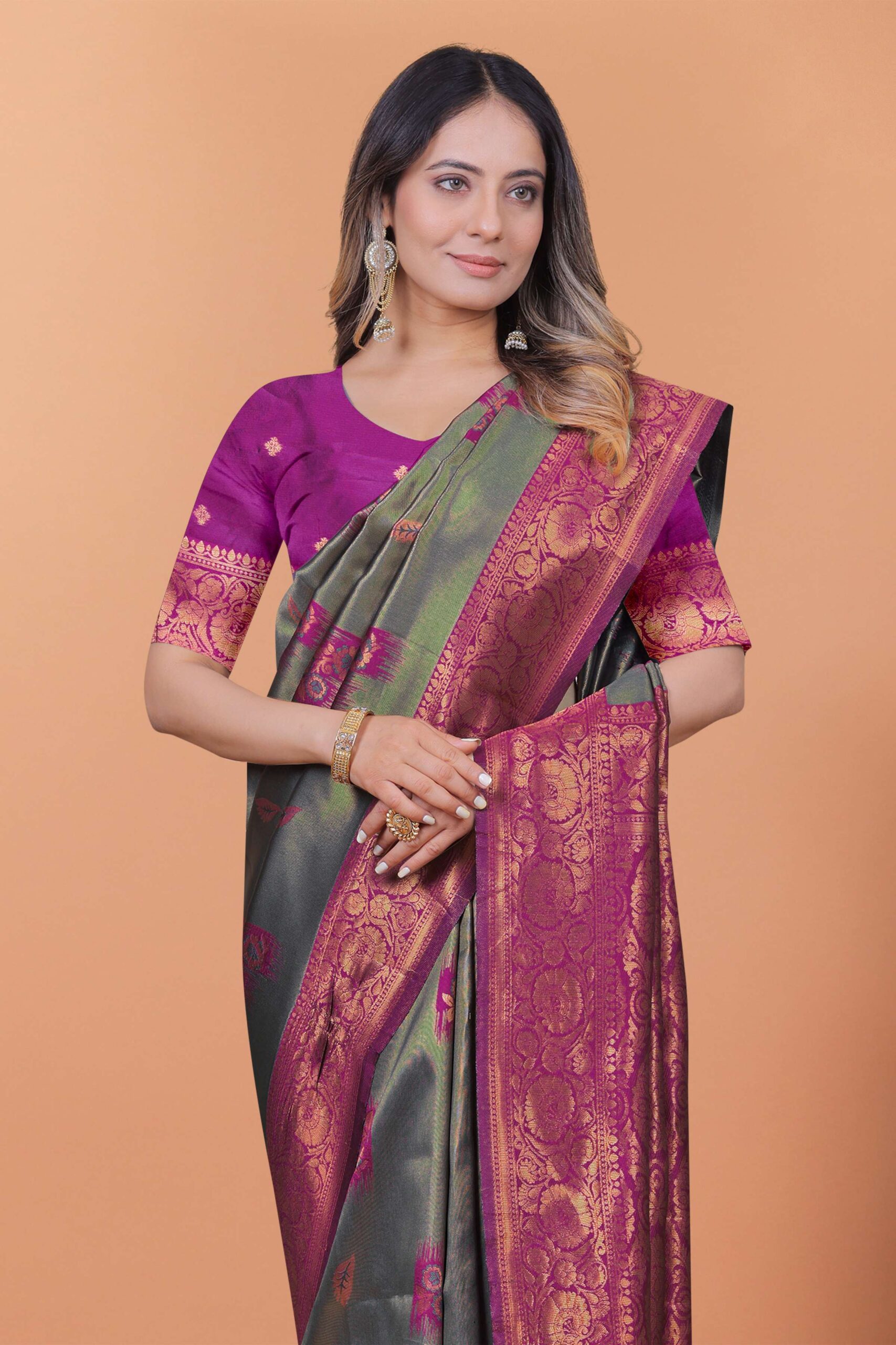 Graceful Grey-Green Banarasi Silk Saree with Magenta Zari Border & Blouse | Wedding, Festival & Party Wear - Image 4