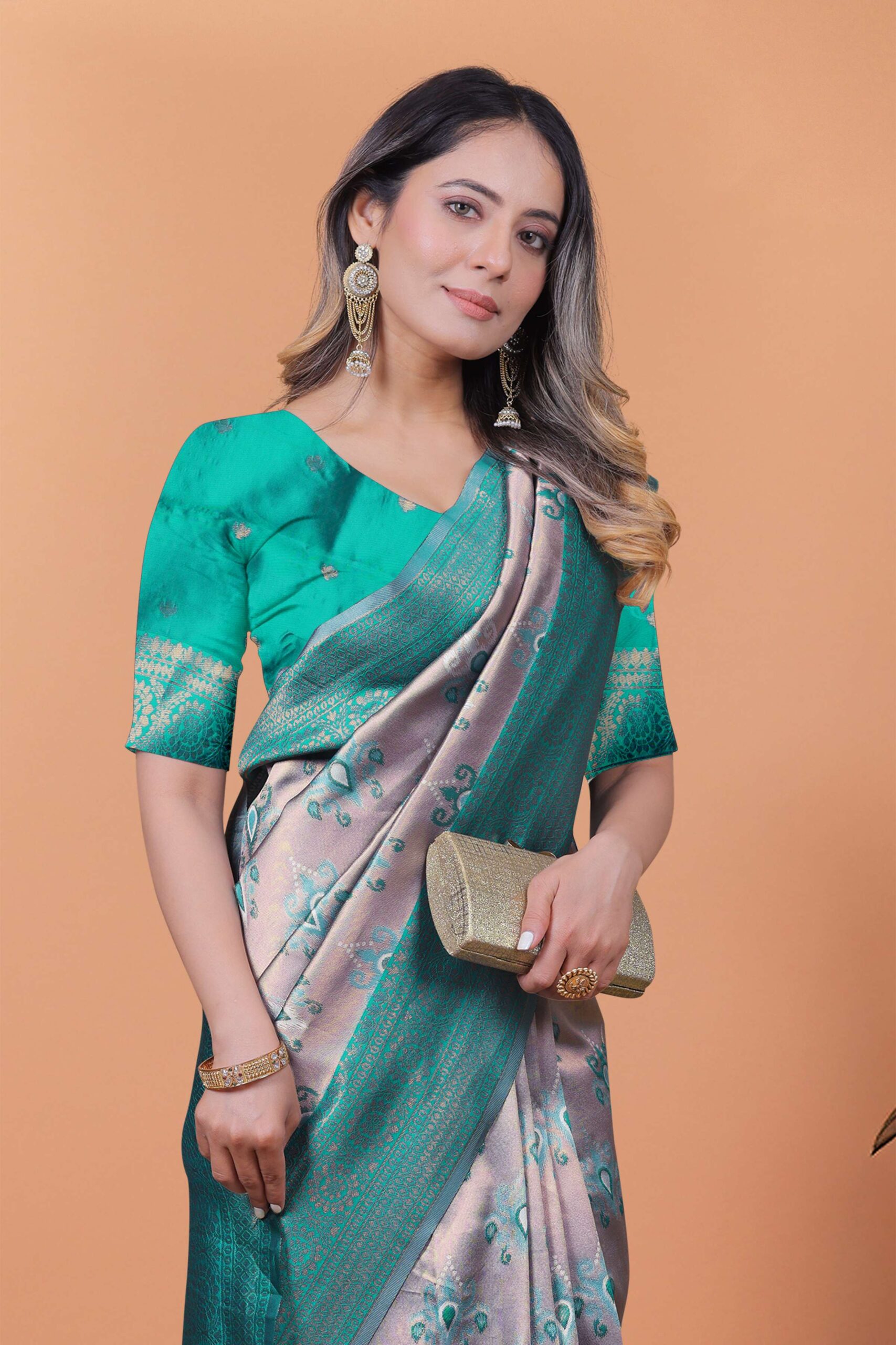 Mint Royale Banarasi Silk Saree in Silvery Grey & Mint Green with Floral Zari Work | Wedding, Day Functions & Festive Wear - Image 2
