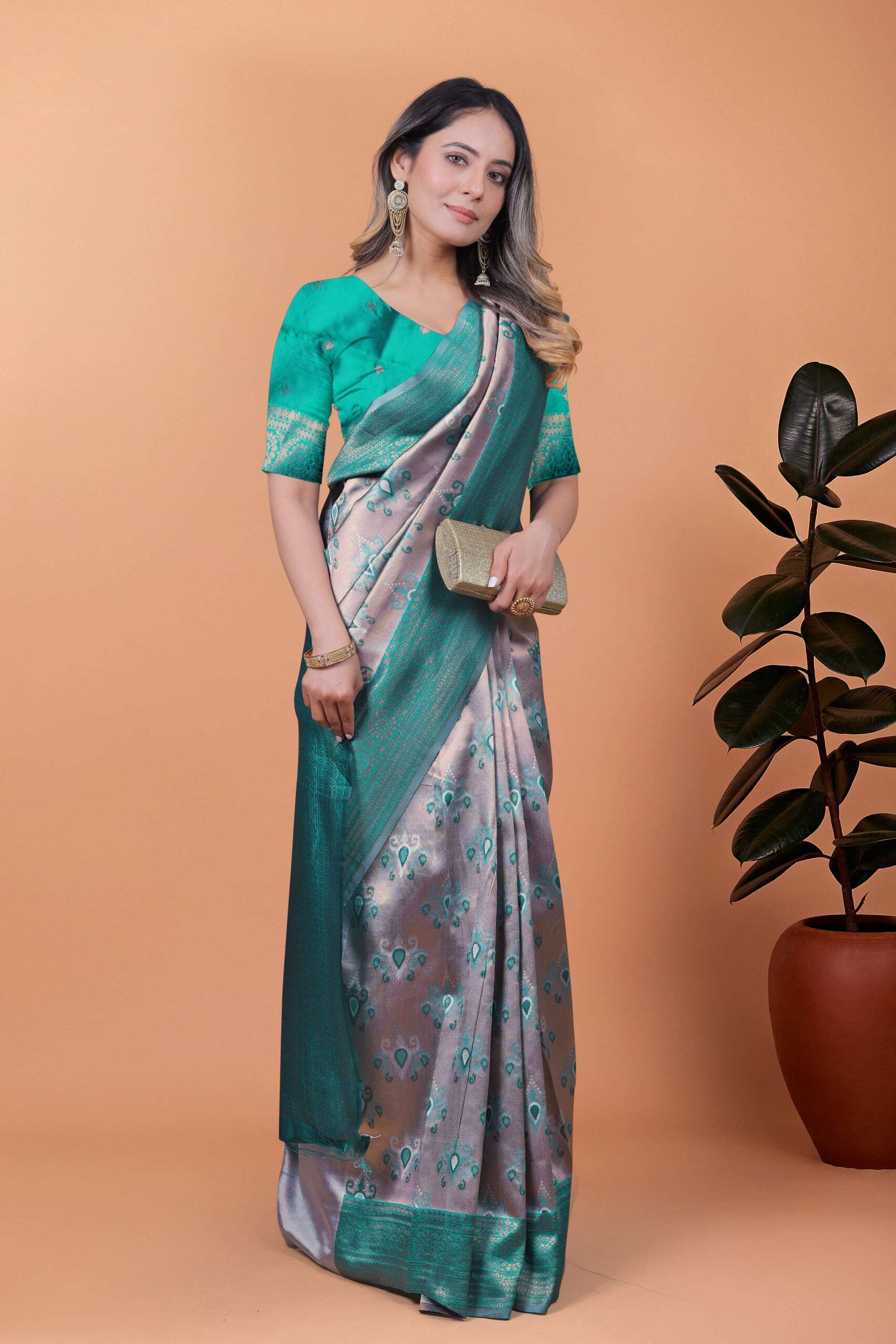 Mint Royale Banarasi Silk Saree in Silvery Grey & Mint Green with Floral Zari Work | Wedding, Day Functions & Festive Wear - Image 3
