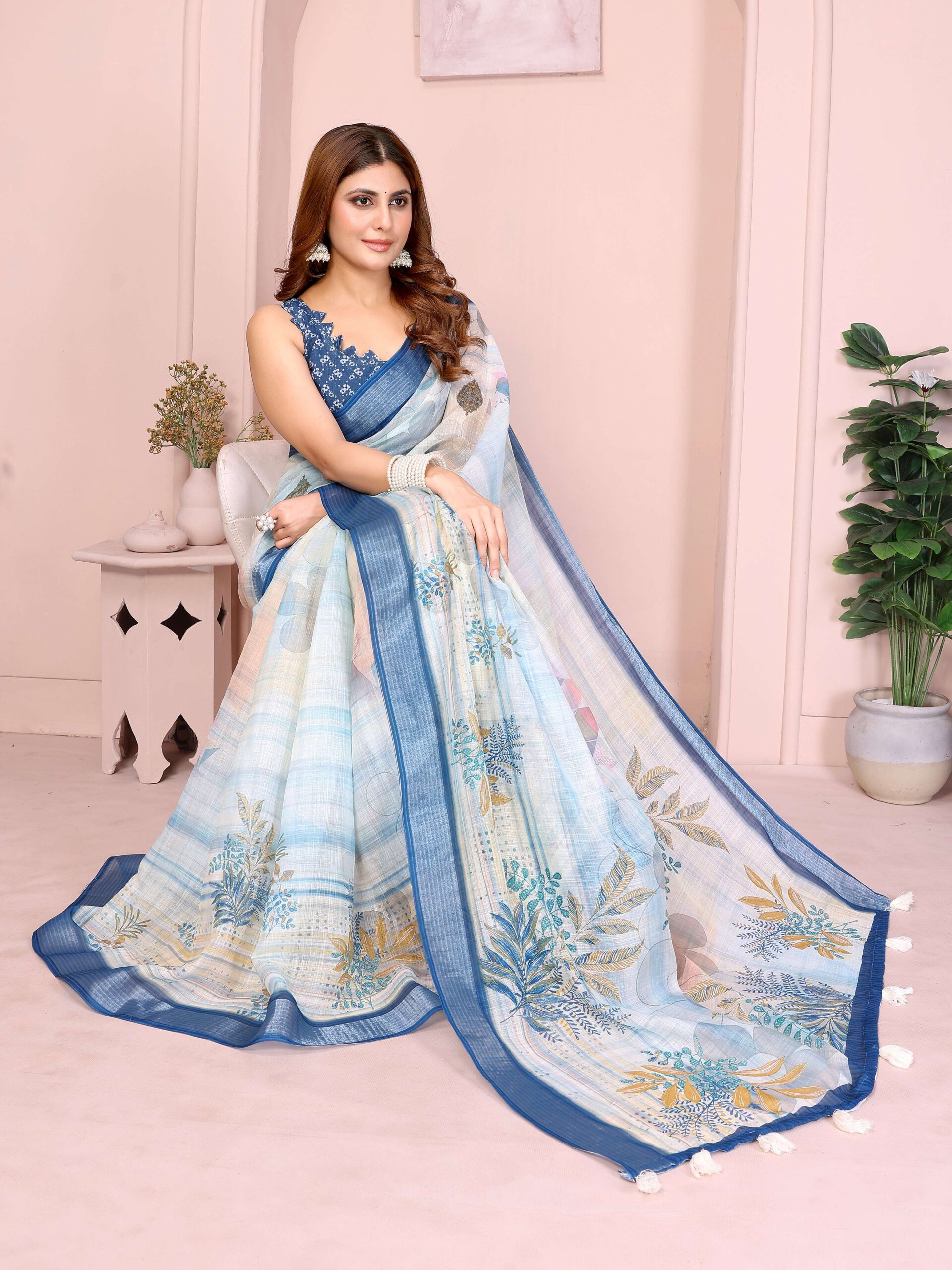 Pastel Blue Linen Cotton Saree with Tropical Leaf Prints & Tassel Pallu - Image 4