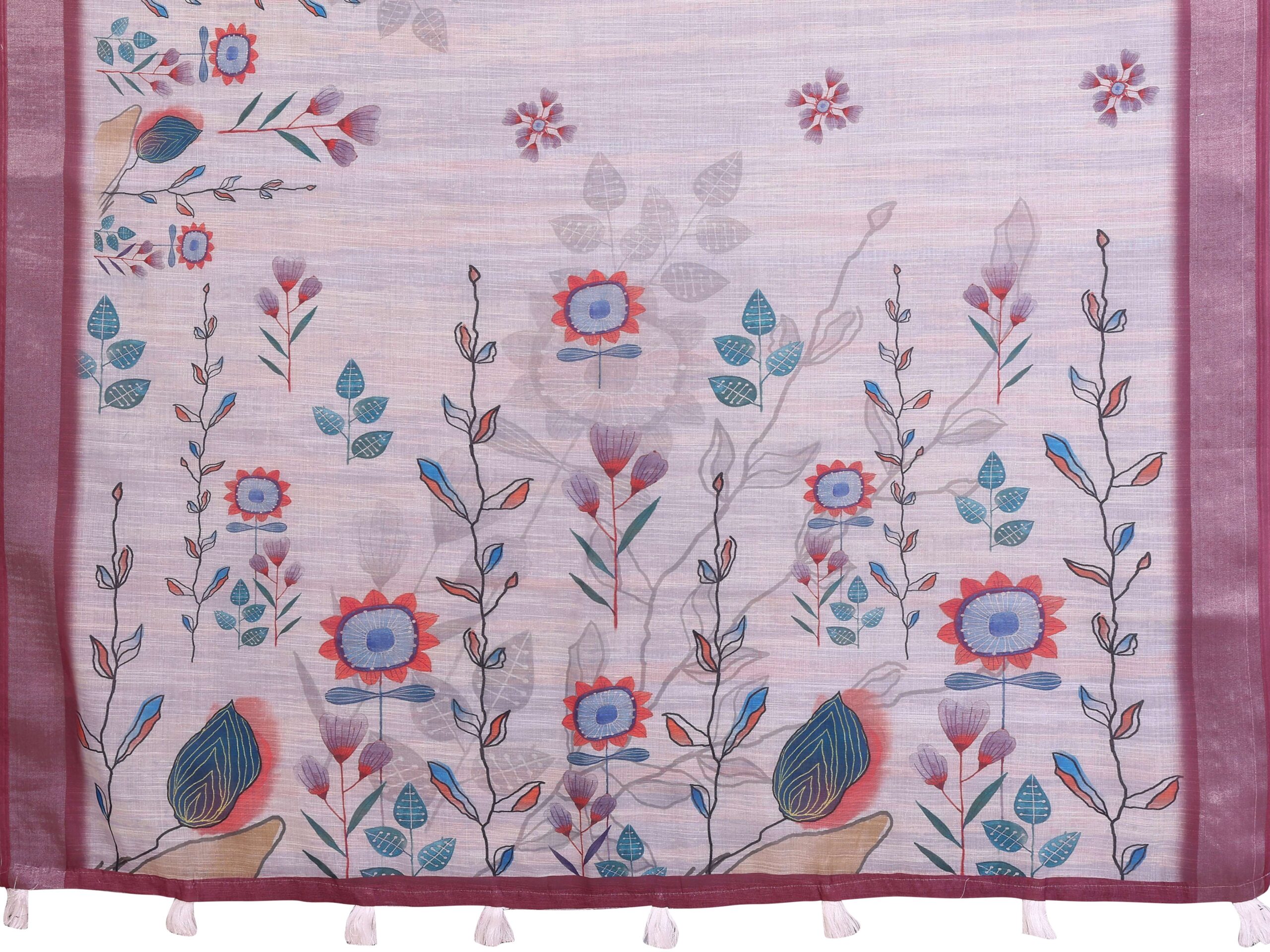 Elegant Linen Cotton Saree ? Pastel Lavender with Multicolor Floral Motifs & Wine-Purple Border - Image 6